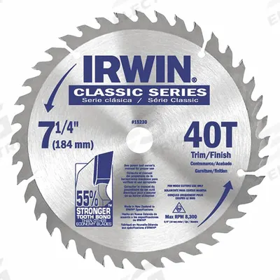 IRWIN Circular Saw Blade: 7 1/4 in Blade Dia., 40 Teeth, 0.09 in Cut Wd, 5/8 in Arbor Size - Wood-Cutting Blades
