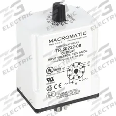 MACROMATIC Single Function Time Delay Relay: Socket Mounted, 120V AC/DC, 10 A, 8 Pins/Terminals (MPN TR-50222-08). Key specifications — Brand: MACROMATIC.