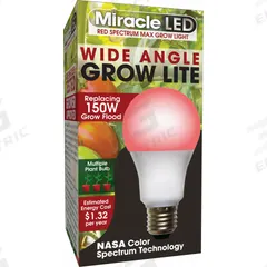 LED Grow Bulb: LED, A19, 120V, Full/Broad/Red, 150 W Incandescent Watt Equivalency (MPN 602144). Key specifications — Plant Growth Application: Flowering; Brand: MIRACLE LED; Bulb Shape: A19; Spectrum: Full/Broad.