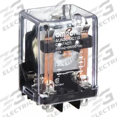 OMRON General Purpose Relay: Socket Mounted, 10 A Current Rating, 110V DC, DPDT, 8 Pins/Terminals (MPN MJN2C-DC110). Key specifications — Brand: OMRON; Base Type: Square; Mounting Style: Plug-In; Pin Shape: Round; Electrical Connection: Plug-In; Manufacturer Part Number: MJN2C-DC110; Series: MJN Series.