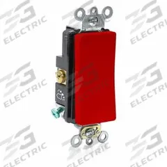 LEVITON Wall Switch: Rocker Switch, Single Pole, Maintained, Red, 120/277V AC, 20 A (MPN A5621-2R). Key specifications — Illuminated: No; Voltage Rating: 120/277V AC.