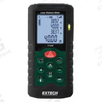 EXTECH Laser Distance Meter: Inch/Metric, 2 in – 131 ft, ± 0.08 in, AAA, Rubber, LCD, Red (MPN DT40M). Key specifications — attr938983: Inches; attr938974: Stake Out Distance; attr934751: EXTECH; attr938968: ± 0.08 in; attr938975: Strap; attr938977: Red.