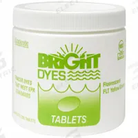 BRIGHT DYES Dye Tracer Tablet: Yellow/Green, Water Tracing Dye, 3 to 6 min, <100 ppb (MPN 101101). Key specifications — Brand: BRIGHT DYES; Dissolution Time: 3 to 6 min; Color: Green/Yellow; Dye Type: Water Tracing Dye; Coverage: 60 gal (Strong Visual), 605 gal (Light Visual); Detectability: 100 ppb.