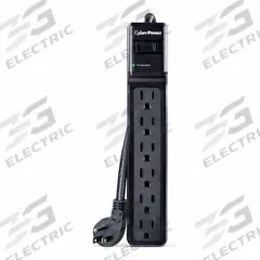 CYBER POWER Outlet Strip: 6 Outlets, 4 ft Cord Lg, 600 J Rated Energy, 15 A Current, UL 1449, Black (MPN B604BK). Key specifications — Brand: CYBER POWER; Mounting Style: Keyhole.