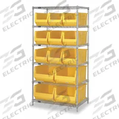 QUANTUM STORAGE SYSTEMS Bin Shelving: 36 in x 30 in x 74 in, 13 Bins, 6 Shelves, Open, Yellow (MPN WR6-973974YL). Key specifications — attr59520: Silver; attr59518: (9) 10 in x 11 in x 29-7/8 in; attr59227: QUANTUM STORAGE SYSTEMS; attr59512: Yellow.