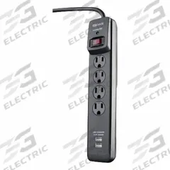 WOODS Surge Protector: 4 Outlets, 4 ft Cord Lg, 1,180 J Rated Energy, 15 A Current, Black, 5-15P (MPN 41304). Key specifications — Brand: WOODS; Mounting Style: Non Mounting.