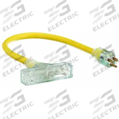 APPROVED VENDOR Extension Cord: Outdoor Use, 2 ft Lg, 3 Outlets, 5-15P, 12/3, STW, Yellow, T-Shape (MPN 4DB72). Key specifications — Brand: APPROVED VENDOR; Temperature Rating: -40° to 167°F; NEMA Plug Configuration: 5-15P.