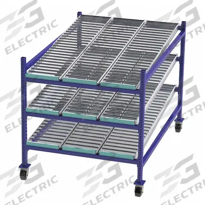 UNEX FLOW CELL Gravity Flow Rack: 48 in x 72 in x 54 in, Tilt, 3 Shelves - Roller Track Bolted Mobile Flow Racks