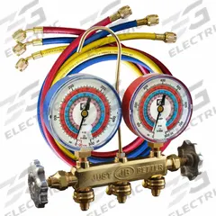 JB INDUSTRIES Manifold Gauge Kit: 2 Valves, 3 Hoses, Series PATRIOT, 3 1/8 in Gauge (MPN 22633). Key specifications — Product Type: Manifold Gauge Kit; For Refrigerant Type: R-410A; Brand: JB INDUSTRIES; Gauge Boots: No; Sight Glass: Yes.