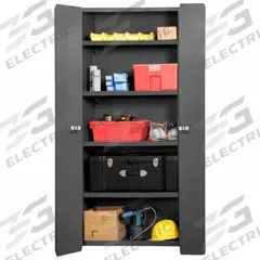 DURHAM MFG Storage Cabinet: 36 in x 24 in x 84 in, Swing Handle & Padlock Hasp, 14 ga Panel Thick (MPN 3953-4S-95). Key specifications — Cabinet Color: Gray; Method of Construction: Welded; Base Type: Frame; Assembled: Assembled; Mobility: Stationary; Adjustable Shelves: Adjustable; Cabinet Finish: Powder Coated; Cabinet Material: Steel.