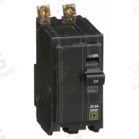 SQUARE D Miniature Circuit Breaker: 20 A, 120/240V AC, Single Phase, 22kA at 120/240V AC, 2 Poles (MPN QOB220VH). Key specifications — Phase: Single; Amps: 20 A; AC Voltage Rating: 120/240V AC; Max. AIR Rating: 22kA at 120/240V AC; For Use With: Square D NQOD Panelboards; Brand: SQUARE D.