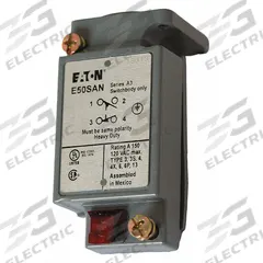 EATON Limit Switch Body: EN50041 Body, 2 Mounting Holes, 1NO/1NC, Metallic (MPN E50SAN). Key specifications — Compatible with Series: E50; Brand: EATON; Indicating Light: Neon; Body Material Type: Metallic.