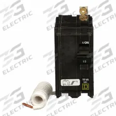 SQUARE D Miniature Circuit Breaker: 15 A, 120V AC, Single Phase, 10kA at 120V AC, 2 Poles (MPN QOB215SWN). Key specifications — Phase: Single; Amps: 15 A; AC Voltage Rating: 120V AC; Max. AIR Rating: 10kA at 120V AC; For Use With: Square D NQOD Panelboards; Brand: SQUARE D.
