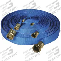FSI Flat Supply Hose: 3/4 in Thread Size, GHT, Nylon, 10 ft_35 ft_50 ft Hose Lg (MPN F-GH503510). Key specifications — attr511838: Blue; attr511835: FSI; attr511843: Decon Shower; attr511853: Nylon; attr527230: Hose System; attr527236: Waste Water.
