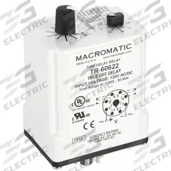 MACROMATIC Single Function Time Delay Relay: Socket Mounted, 120V AC/DC, 10 A, 8 Pins/Terminals (MPN TR-60622). Key specifications — Brand: MACROMATIC.