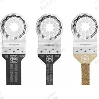 FEIN Oscillating Tool Blade Set: 3 Blades, Straight, Starlock Connection (MPN 35222967090). Key specifications — attr1140173: (1) E-Cut Long Life saw blade 1-3/16 in x 3/8 in; attr1097629: FEIN; attr1097591: Rockwell.