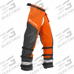 HUSQVARNA Technical Apron Wrap Chainsaw Chaps: Polyester, 32 in Overall Lg, Orange/Black, Waist (MPN 587160704). Key specifications — Color: Orange/Black; Brand: HUSQVARNA; Features: Adjustable waist size; Standards: ASTM F1897; Adjustable Locations: Waist; Back of Leg Coverage: Enclosed Back.