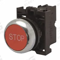 EATON Flush Push Button: Red, 22 mm Mounting Size, Non-Metallic, Maintained (MPN M22-DRL-R-GB0). Key specifications — Brand: EATON; Action: Maintained; Series: M22; Push Button Material Type: Non-Metallic.