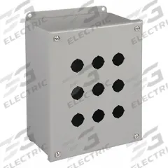 WIEGMANN Push Button Enclosure: 22mm, 9 Holes, Carbon Steel, NEMA 12 (MPN PBGX9). Key specifications — Brand: WIEGMANN; Environments & Applications: Indoor Dust & Water Droplets.