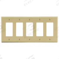 HUBBELL Wall Plate: Decorator-Rocker, 5 Gang, Ivory, Std Size (MPN P265I). Key specifications — Brand: HUBBELL; Material: Polycarbonate.