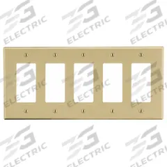 HUBBELL Wall Plate: Decorator-Rocker, 5 Gang, Ivory, Std Size (MPN P265I). Key specifications — Brand: HUBBELL; Material: Polycarbonate.