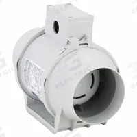 In-Line Duct Fan: 101 cfm Max., 4 in Duct, 26 W, 120V AC, 1 Ph, IP44, Thermoplastic (MPN TD-100). Key specifications — Includes: Mounting Bracket; Brand: SOLER & PALAU; Speed Controllable: Yes; High-Efficiency Motor: No; Housing Material: Thermoplastic; Nameplate Voltage: 120V AC; Number of Speeds: 1; Airflow @ 0.000 in SP - Range: 0 to 249 cfm.