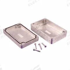 HAMMOND Enclosure: Die-Cast Aluminum, 4 in x 3 in x 2 in, NEMA 1/12/13/4/4X, Solid Cover, Screw On (MPN 1550Z107). Key specifications — Brand: HAMMOND; Closure Method: Screws; Enclosure Material: Die-Cast Aluminum; Knockouts: Not Included.