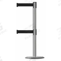 TENSABARRIER Barrier Post with Belt: Black, No Pattern, No Legend, 7 1/2 ft Belt Lg, Gray (MPN 889T2U-3P-3P-STD-NO-B9X-C). Key specifications — Base Material: Cast Iron; Belt Color: Black; Brand: TENSABARRIER; Post Material: Stainless Steel; Post Color: Gray; Message: No Legend.