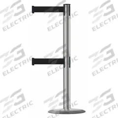 TENSABARRIER Barrier Post with Belt: Black, No Pattern, No Legend, 7 1/2 ft Belt Lg, Gray (MPN 889T2U-3P-3P-STD-NO-B9X-C). Key specifications — Base Material: Cast Iron; Belt Color: Black; Brand: TENSABARRIER; Post Material: Stainless Steel; Post Color: Gray; Message: No Legend.