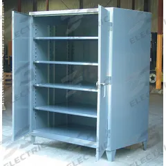STRONG HOLD Storage Cabinet: 72 in x 36 in x 72 in, Swing Handle & Padlock Hasp, 12 ga Panel Thick (MPN 66-364). Key specifications — attr62698: Dark Gray; attr62736: Welded; attr87895: Legs; attr62693: Assembled; attr62737: Stationary; attr62694: Adjustable; attr62695: Baked Enamel; attr62696: Steel.