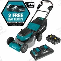 MAKITA Battery-Powered Lawn Mower Kit: Self-Propelled, 21 in Cutting Wd, Variable Speed Settings (MPN XML08PT1). Key specifications — Run Time: 60 min; Cutting Height Adjustment: Single-Point; Battery Platform: LXT®; Deck Material: Steel; Brand: MAKITA; Speed Settings: Variable; Filter - Kit Contents: Battery Included; Power Source: Battery-Powered.