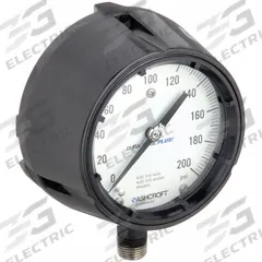 ASHCROFT Process Pressure Gauge: 0 psi to 200 psi, White, 4 1/2 in Dial, 1/2 in NPT Male, Bottom (MPN 451279SS04LXLL200). Key specifications — Brand: ASHCROFT; Pointer Color: Black; Accuracy: ±0.5%; Dial Color: White; Gauge Wetted Parts: Stainless Steel; Case Material: Phenolic; Vibration Resistance Properties: Dry Case Vibration-Dampened; Pressure Range: 0 psi to 200 psi.