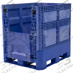 BUCKHORN Collapsible Bulk Container: 28.4 cu ft, 48 in x 40 in x 34 1/2 in, Lid Not Included, Blue (MPN BG4840332063002). Key specifications — Brand: BUCKHORN; Stackable: Stacking Capable; Shape: Rectangular; Runner Location: Long Side; Fork Entry: 4-Way Entry; Container Wall Type: Solid; Mobility: Stationary; Collapsible: Collapsible.