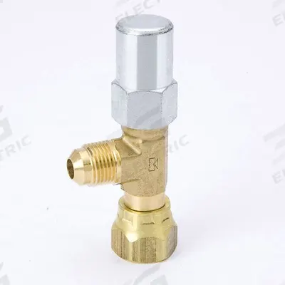MUELLER Angled Packed Line Valve: Inlet 1/4 in Female Flare, Outlet 1/4 in Male Flare - Angled Packed Line Valves