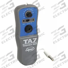 SUPCO Temperature Alarm: -10°F to 80°F, ±5°F, 6 ft Cable Lg, Battery, Key Slot (MPN TA-7). Key specifications — Mounting Type: Key Slot; Probe Type: Temperature; Accuracy: ±5°F; Brand: SUPCO; Temperature Units: Fahrenheit.