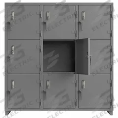 STRONG HOLD Locker: 72 in x 24 in x 75 in, 3 Tiers, 3 Units Wide, 9 Lockers, 24 in x 24 in, Steel (MPN 66-9D-24-3T-EK-L). Key specifications — Mounting Style: Surface; Brand: STRONG HOLD; Handle Type: Swing; Locker Color: Gray; Mounting Location: Freestanding; Locker Material: Steel; Frame Assembled: Assembled; Lock Type: Electronic Keypad.