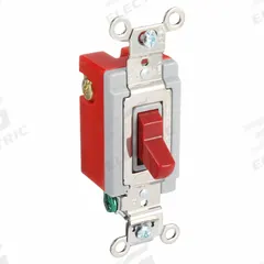 HUBBELL Wall Switch: Toggle Switch, 3-Way, Maintained, Red, 120/277V AC, 20 A (MPN HBL1223R). Key specifications — Illuminated: No; Voltage Rating: 120/277V AC.