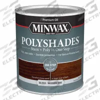 MINWAX Wood Stain: Wood Stain and Sealer, Interior, Oil, 1 qt Container Size, Wood, Gloss, Minwax (MPN 614850444). Key specifications — Brand: MINWAX; Transparency: Semi-Transparent; Use Location: Interior; Sheen: Gloss; Sub-Brand: Minwax; Color: Mission Oak.