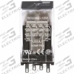 SCHNEIDER General Purpose Relay: Socket Mounted, 3 A Current Rating, 120V AC, 4PDT, G Socket (MPN 792XDX3C-120A). Key specifications — Brand: SCHNEIDER; Base Type: Square; Mounting Style: Plug-In; Electrical Connection: Faston Connector; Manufacturer Part Number: 792XDX3C-120A; Operating Current: 3 A at 30V DC (Conforming to UL); Series: 792 Series.