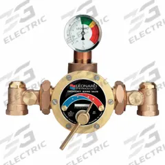 LEONARD VALVE Thermostatic Mixing Valve: For Hot Water/Water Media, Thermostatic, Bronze, NBR, Union (MPN TM-5100-LF). Key specifications — Includes: Union Angle Check-stops; Brand: LEONARD VALVE.