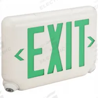 Exit Sign with Emergency Lights: White, 1 or 2 Faces, Green, LED, Ceiling/Wall, Self Diagnostics (MPN EVCUGWDI). Key specifications — Voltage: 120/277V AC; Self Diagnostics: Yes; Housing Color: White; Brand: DUAL-LITE; Directional Indicators: Universal Field Selectable Chevrons; Lighting Technology: LED; Remote Capable: No; Text Color: Green.