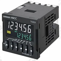 OMRON Digital Timer: DIN-Rail/Surface Mounted, 100 to 240V AC/12 to 48V DC/24V AC, 5 A (MPN H5CC-A11). Key specifications — Contact Rating (AC): 5A @ 250VAC; Contact Rating (DC): 5A @ 30 VDC; Delay Function: b-5: One-shot flicker; Mounting Style: Surface; Input Voltage: 100-240VAC; Coil Voltage: 12 to 48V DC; Brand: OMRON.