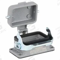HARTING Rectangular Connector Housing: Size 6 B, Bulkhead Mount, Gray, Aluminum Die-Cast, IP65, Gray (MPN 09300060318). Key specifications — IP Rating: IP65; Size Designation: 6 B; Seal Material: NBR; Locking Type: Single Lever; Brand: HARTING; Primary Material: Aluminum; Operating Temperature Range: -40 to 125 Degrees C.