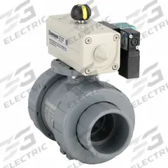 HAYWARD FLOW CONTROL Pneumatically Actuated Two-Way Ball Valve: 2 in, CPVC, Air to Air, Three-Piece (MPN PSDTBH220STVA8). Key specifications — Brand: HAYWARD FLOW CONTROL; Connection Gender - Side 1: Female; Actuator Features: Position Indicator; Actuator Operation: Air to Air; Actuator Series: PSD; Connection Gender - Side 2: Female; Connection Type - Side 1: True-Union Socket/True-Union NPT; Connection Type - Side 2: True-Union Socket/True-Union NPT.