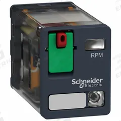 SCHNEIDER General Purpose Relay: Socket Mounted, 15 A Current Rating, 120V AC, DPDT, D Socket (MPN RPM22F7). Key specifications — Brand: SCHNEIDER; Base Type: Square; Mounting Style: Plug-In; Pin Shape: Flat; Electrical Connection: Quick-Connect; Manufacturer Part Number: RPM22F7; Series: Harmony™ RPM Series.