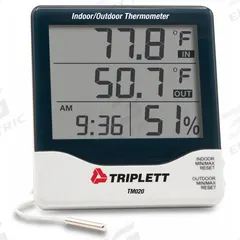 TRIPLETT Indoor/Outdoor Temperature Indicator: 10%to 99% Humidity Range, Humidity/Temp/Time (MPN TM020). Key specifications — Primary Scale: Humidity/Temperature/Time; Display Type: Digital; Brand: TRIPLETT.