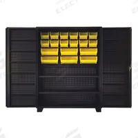 JAMCO Bin Cabinet: 60 in x 24 in 78 in, 14 Shelves, 18 Bins, Yellow, Deep Box, 14 ga Panel, Black (MPN DW260BL). Key specifications — Bin Color: Yellow; Bin HxWxD: (6) 7 in x 16-1/2 in x 14-3/4 in; Assembled: Assembled; Cabinet Style: Shelf and Bin; Brand: JAMCO; Cabinet Color: Black; Cabinet Finish: Powder Coated; Cabinet Material: Steel.