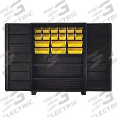 JAMCO Bin Cabinet: 60 in x 24 in 78 in, 14 Shelves, 18 Bins, Yellow, Deep Box, 14 ga Panel, Black (MPN DW260BL). Key specifications — Bin Color: Yellow; Bin HxWxD: (6) 7 in x 16-1/2 in x 14-3/4 in; Assembled: Assembled; Cabinet Style: Shelf and Bin; Brand: JAMCO; Cabinet Color: Black; Cabinet Finish: Powder Coated; Cabinet Material: Steel.