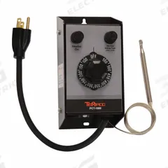 TEMPCO Temperature Controller: PCT-1000, Bulb, On/Off Action, 240V AC, 60°F to 250°F, Analog, 0.125 (MPN PCT10003). Key specifications — Brand: TEMPCO; Alarms: No Alarm; Control Mode: On/Off Action; Current: 0.125; Display Type: Analog; Input Voltage: 240V AC; Output: 15 A Relay; Product Type: Temperature Controller.
