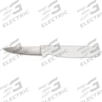 CRESTWARE Paring Knife: Serrated, 3 1/2 in Overall Lg, Steel Blade, Polypropylene Handle, White (MPN KN03). Key specifications — Brand: CRESTWARE; Blade Material: Steel; Blade Type: Serrated; Handle Color: White; Handle Material: Polypropylene; Knife Type: Paring Knife; NSF Certified: Yes.